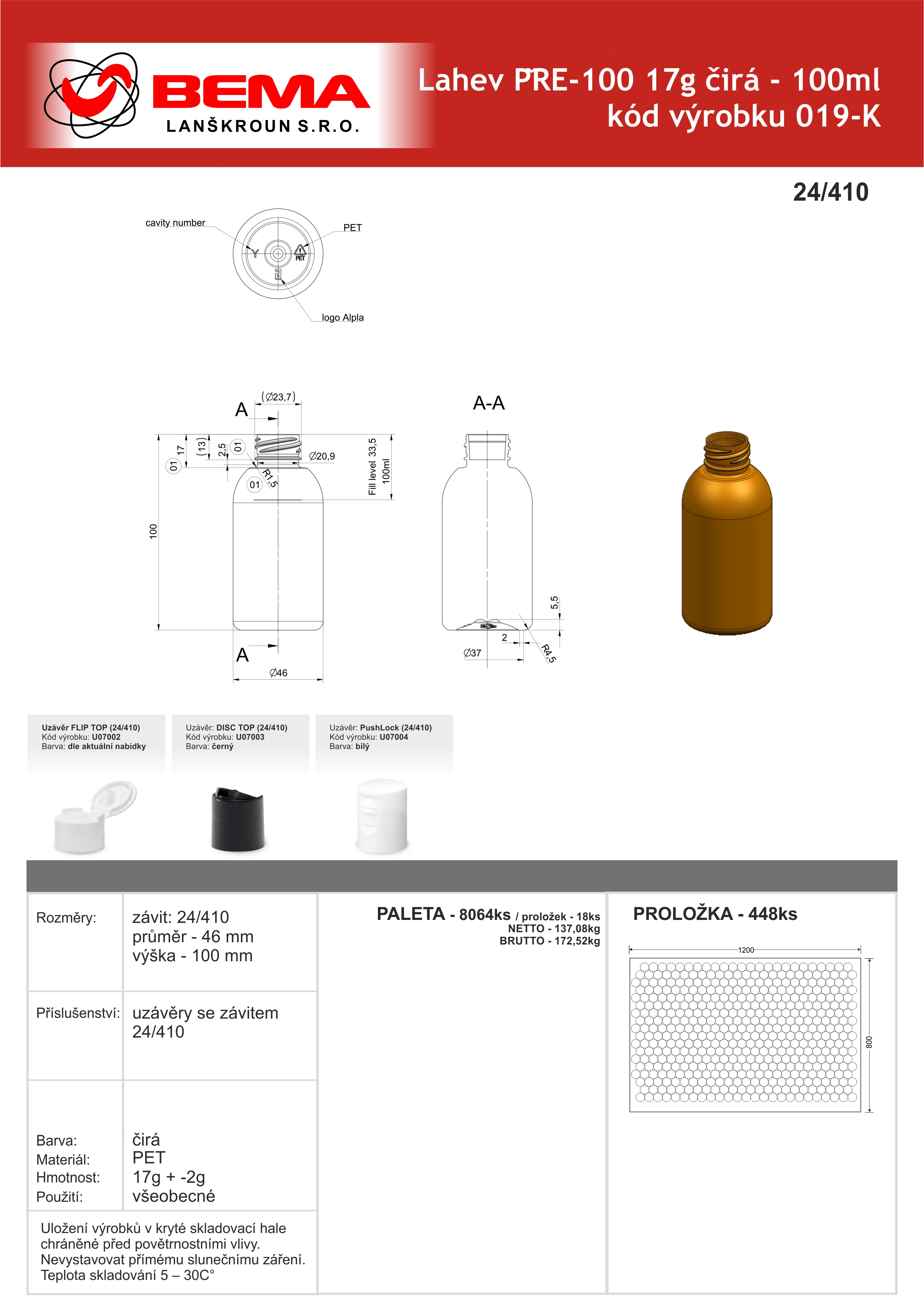 019-K Lahev PRE-100 100ml 17g čirá 24-410 18-8-2026 